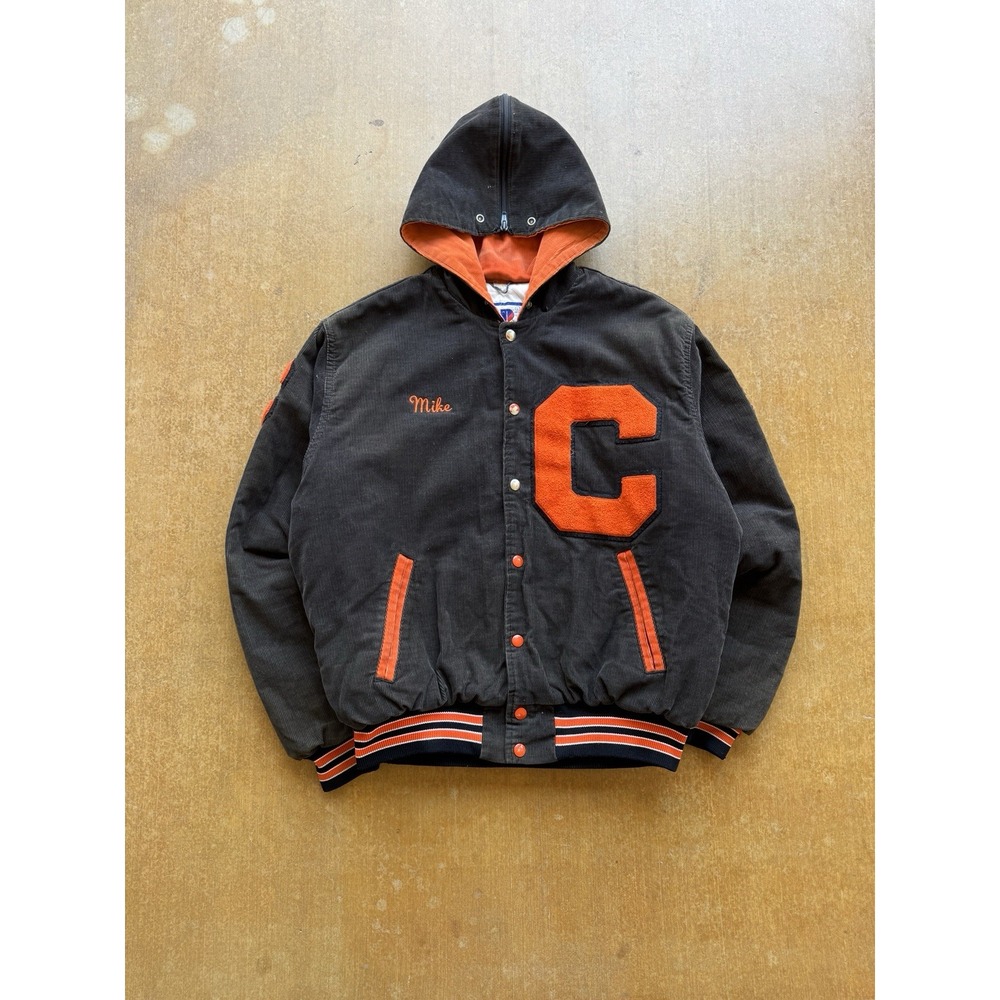 VTG 90s Rennoc Black Corduroy Varsity Jacket Large Split Hood Cross Country